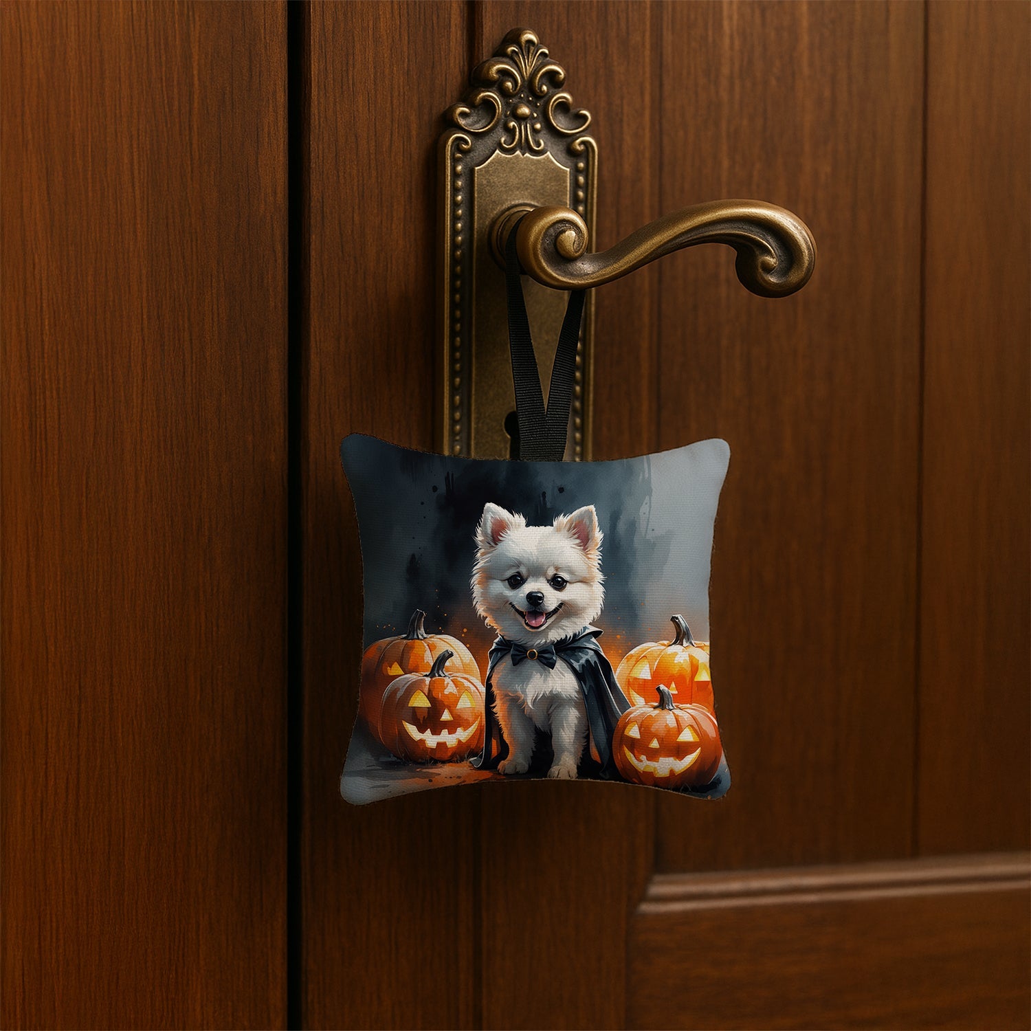 White Pomeranian Puppy Halloween Hanging Square Fabric Ornament 3.5 × 3.5 Decorative Door-Knob & Tree Hanger, Soft Fabric