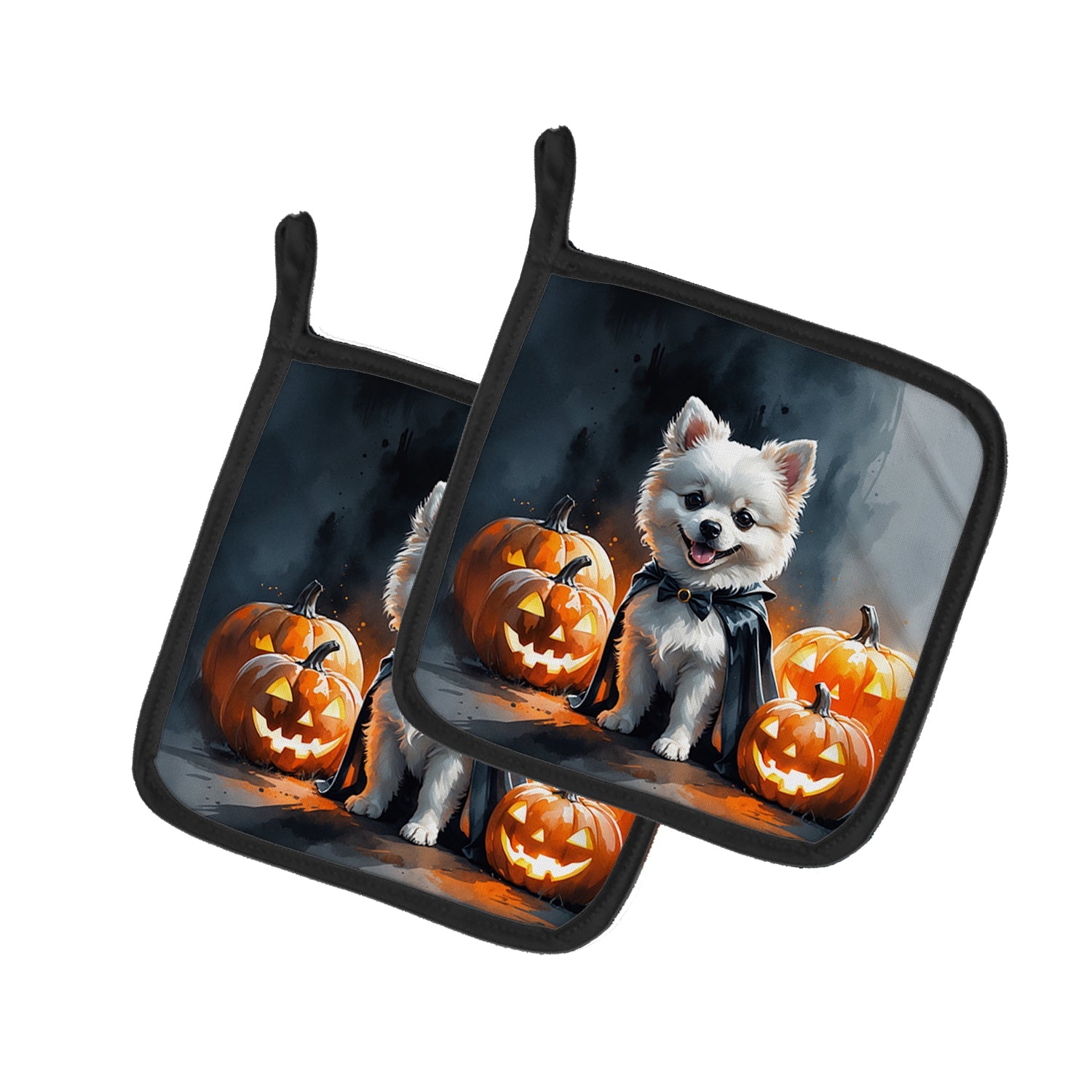 White Pomeranian Puppy Halloween Pot Holder Set of 2 Heat Resistant Quilted Hot Pads 7.5 x 7.5 Inch, Insulated Kitchen Trivets for Cooking & Baking