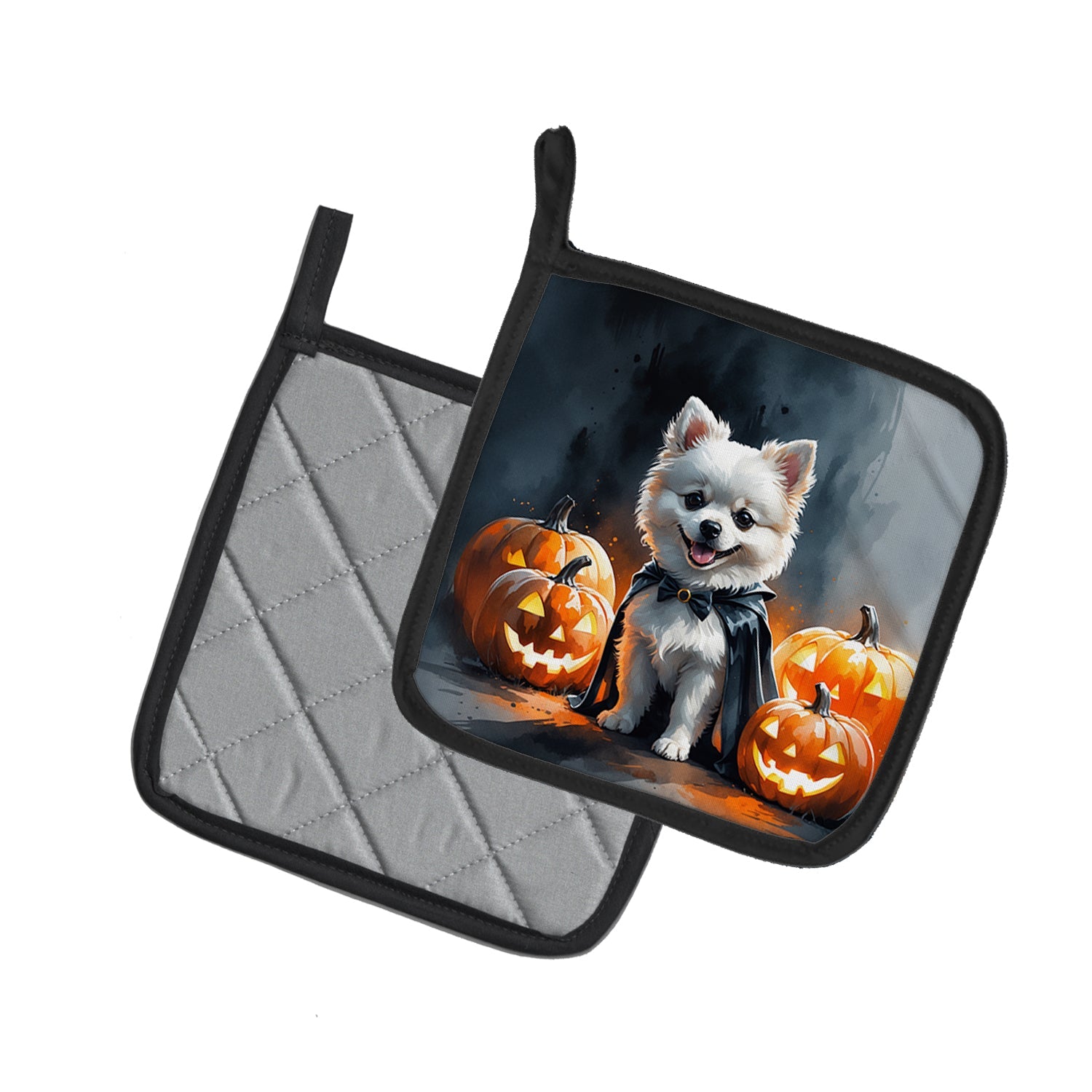 White Pomeranian Puppy Halloween Pot Holder Set of 2 Heat Resistant Quilted Hot Pads 7.5 x 7.5 Inch, Insulated Kitchen Trivets for Cooking & Baking