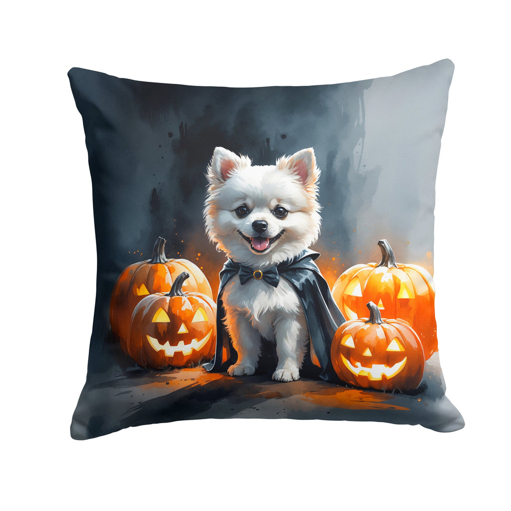 White Pomeranian Puppy Halloween Decorative Throw Pillow 14x14 Indoor Outdoor Accent Cushion, Fabric Cover with Insert for Sofa, Bed, Porch & Living Room