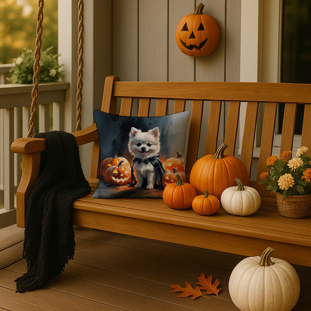 White Pomeranian Puppy Halloween Decorative Throw Pillow 14x14 Indoor Outdoor Accent Cushion, Fabric Cover with Insert for Sofa, Bed, Porch & Living Room