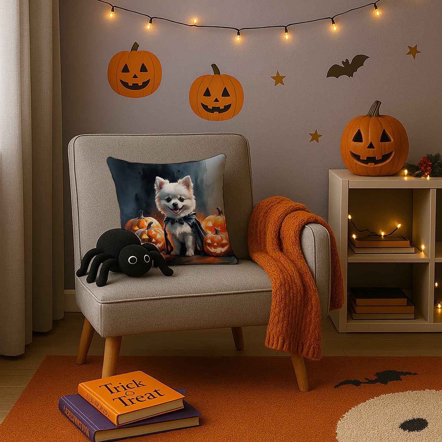 White Pomeranian Puppy Halloween Decorative Throw Pillow 14x14 Indoor Outdoor Accent Cushion, Fabric Cover with Insert for Sofa, Bed, Porch & Living Room