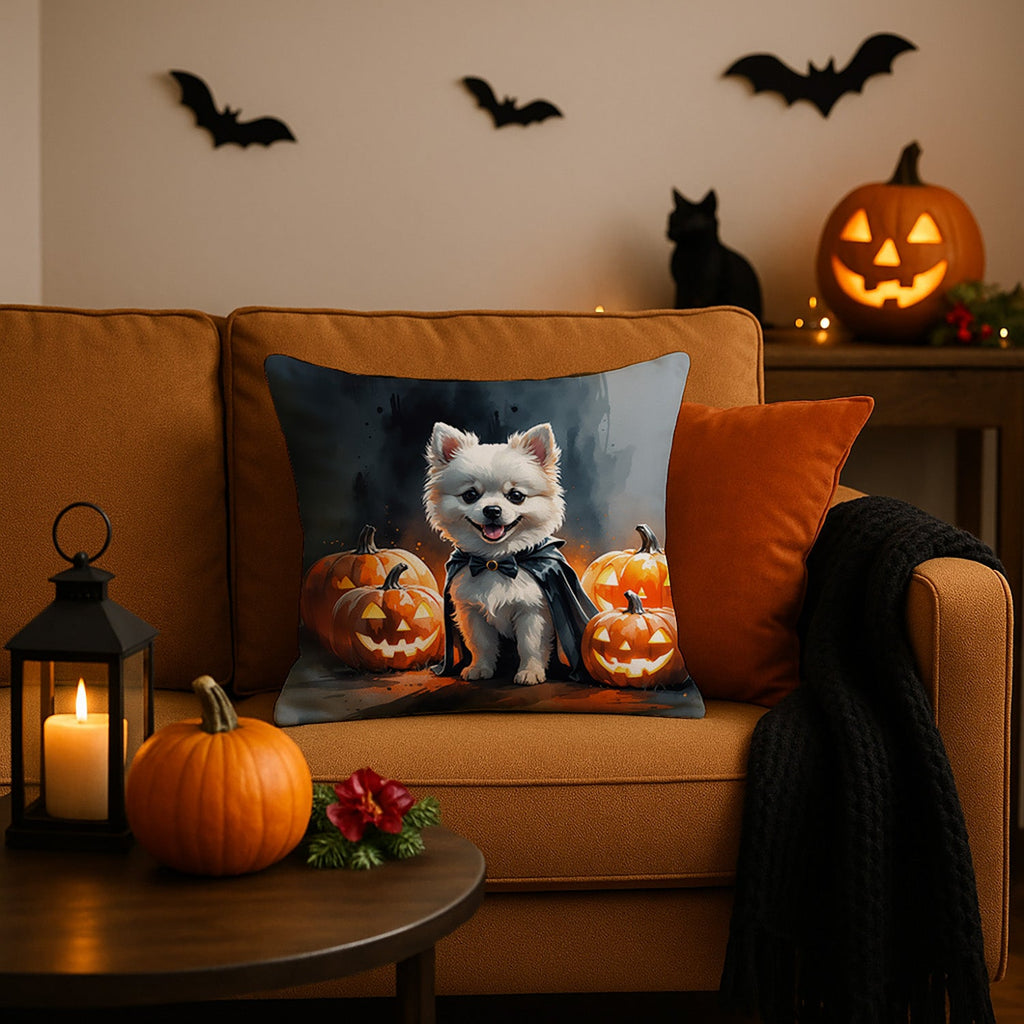 White Pomeranian Puppy Halloween Decorative Throw Pillow 18x18 Indoor Outdoor Accent Cushion, Fabric Cover with Insert for Sofa, Bed, Porch & Living Room