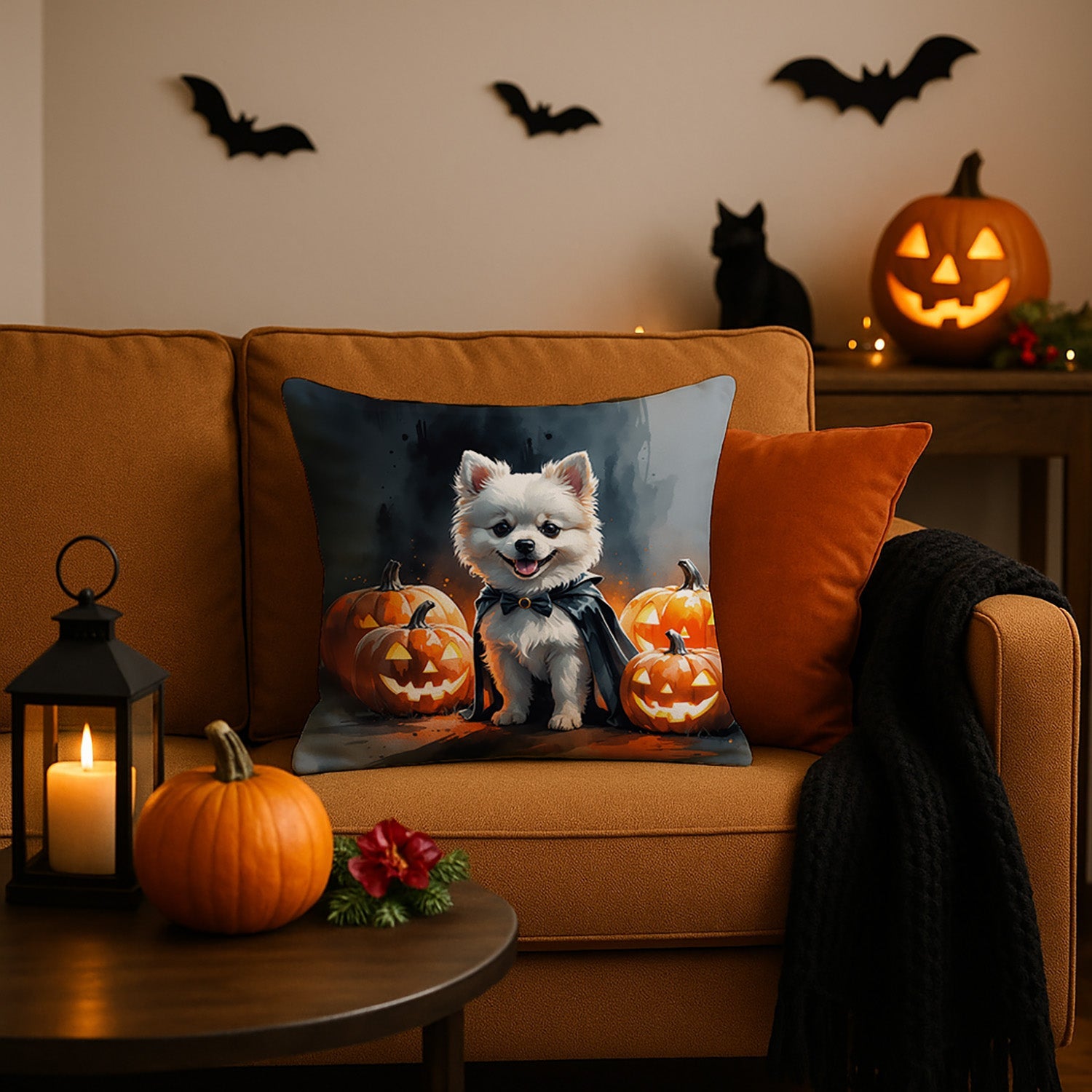 White Pomeranian Puppy Halloween Decorative Throw Pillow 18x18 Indoor Outdoor Accent Cushion, Fabric Cover with Insert for Sofa, Bed, Porch & Living Room