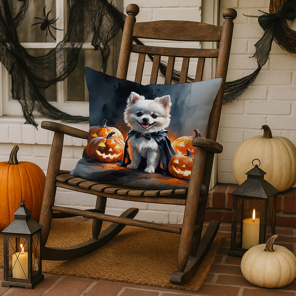White Pomeranian Puppy Halloween Decorative Throw Pillow 18x18 Indoor Outdoor Accent Cushion, Fabric Cover with Insert for Sofa, Bed, Porch & Living Room