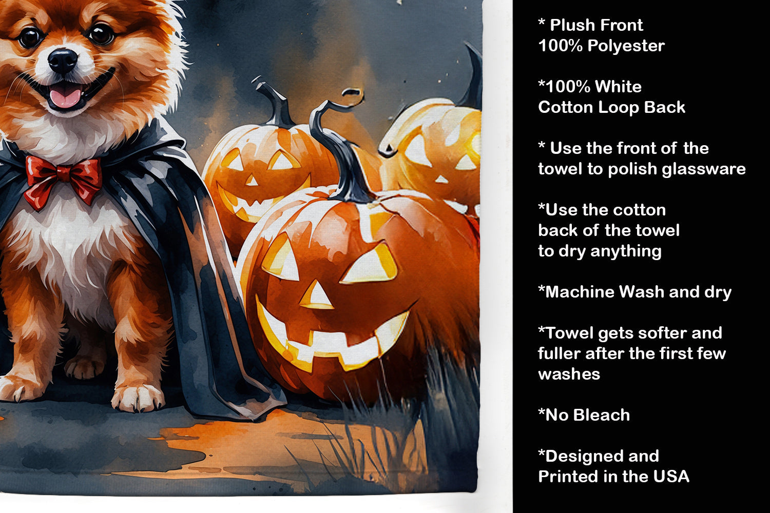 Pomeranian Puppy Halloween Kitchen Towel Velour Plush Front and Cotton Loop Back Machine Washable