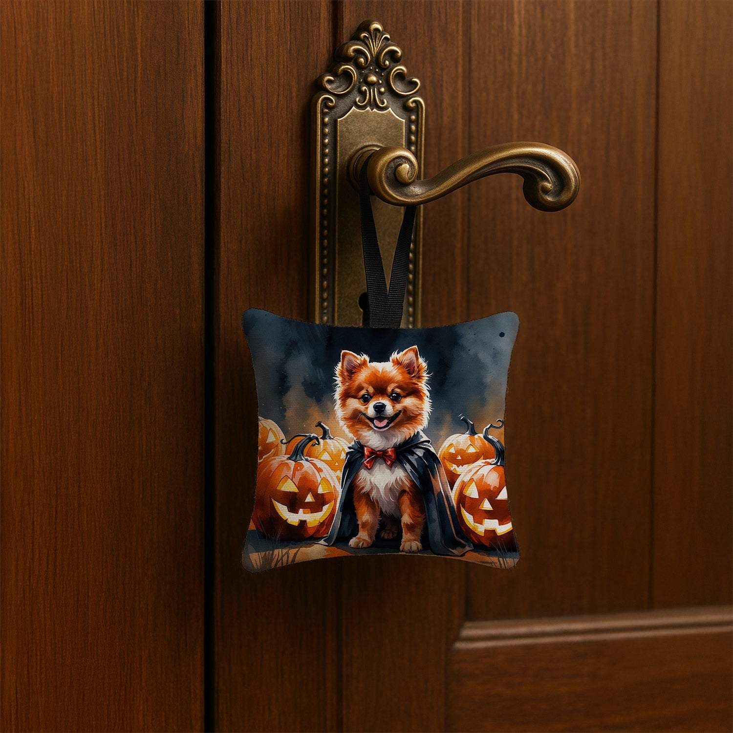 Pomeranian Puppy Halloween Hanging Square Fabric Ornament 3.5 × 3.5 Decorative Door-Knob & Tree Hanger, Soft Fabric