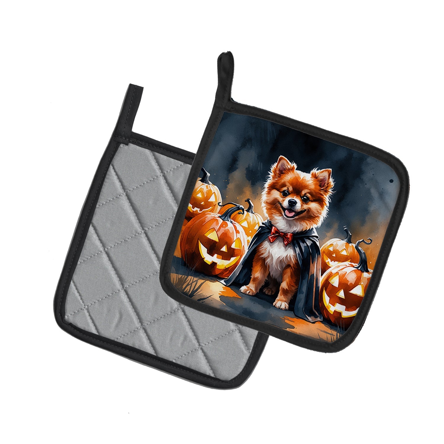 Pomeranian Puppy Halloween Pot Holder Set of 2 Heat Resistant Quilted Hot Pads 7.5 x 7.5 Inch, Insulated Kitchen Trivets for Cooking & Baking