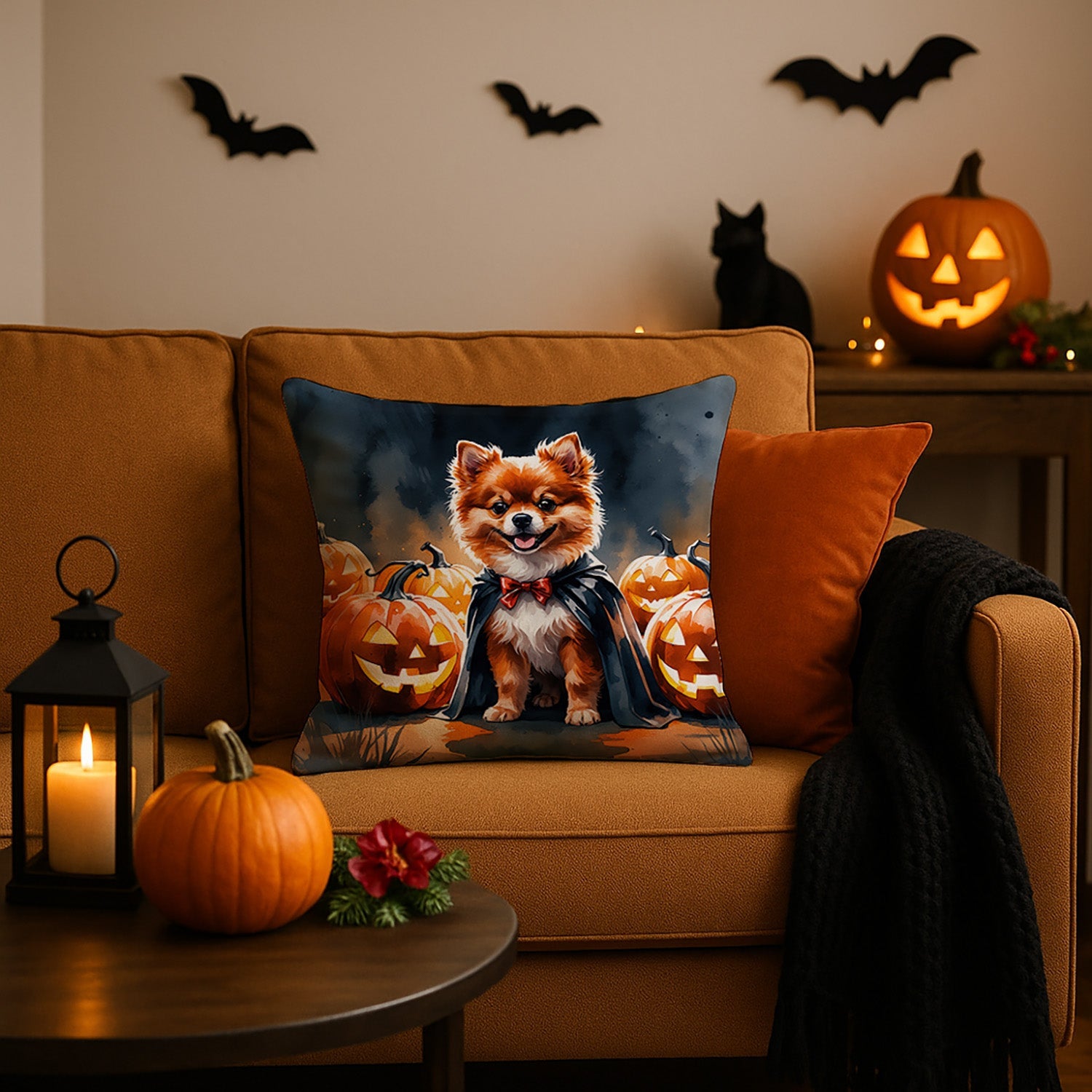 Pomeranian Puppy Halloween Decorative Throw Pillow 18x18 Indoor Outdoor Accent Cushion, Fabric Cover with Insert for Sofa, Bed, Porch & Living Room