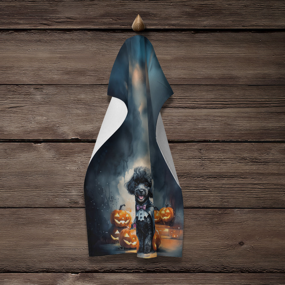 Black Poodle Puppy Halloween Kitchen Towel Velour Plush Front and Cotton Loop Back Machine Washable