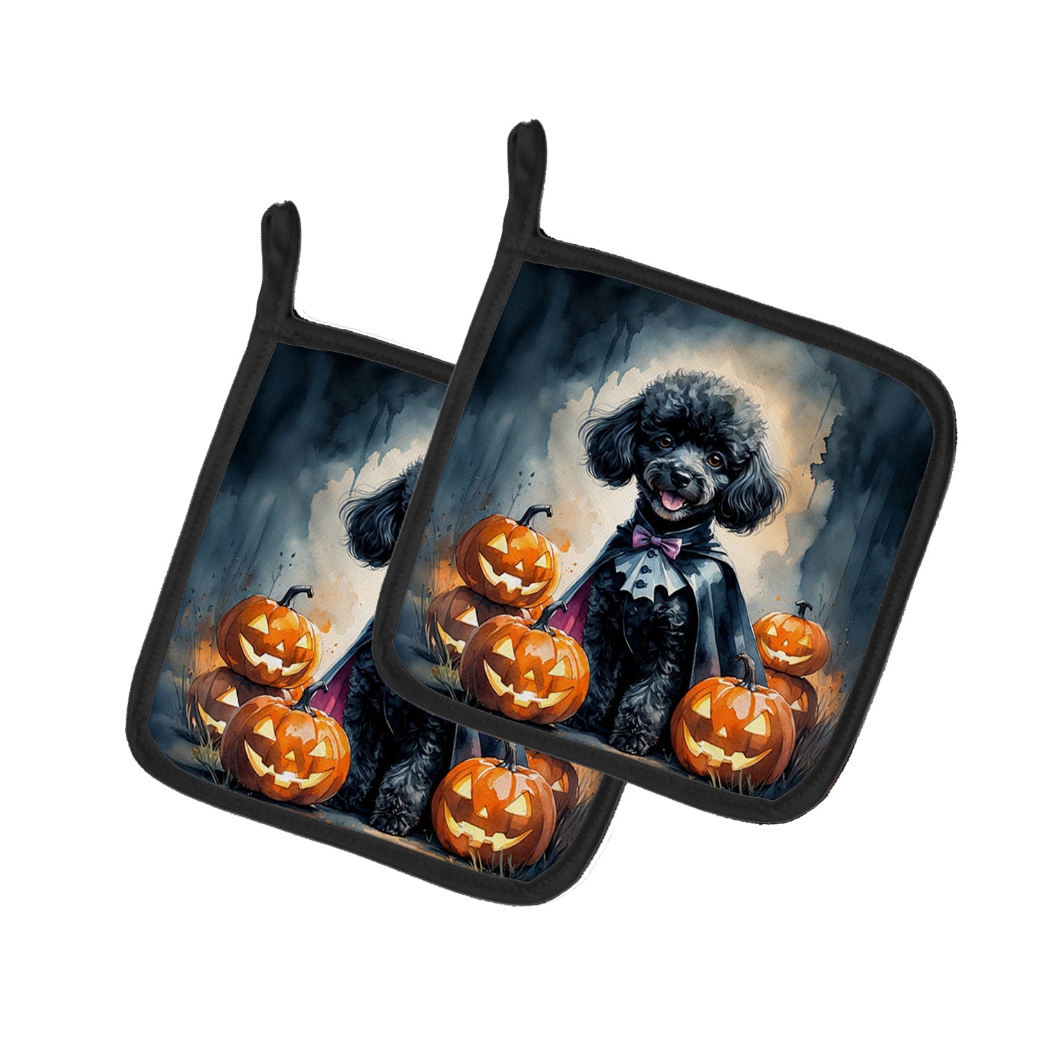Black Poodle Puppy Halloween Pot Holder Set of 2 Heat Resistant Quilted Hot Pads 7.5 x 7.5 Inch, Insulated Kitchen Trivets for Cooking & Baking