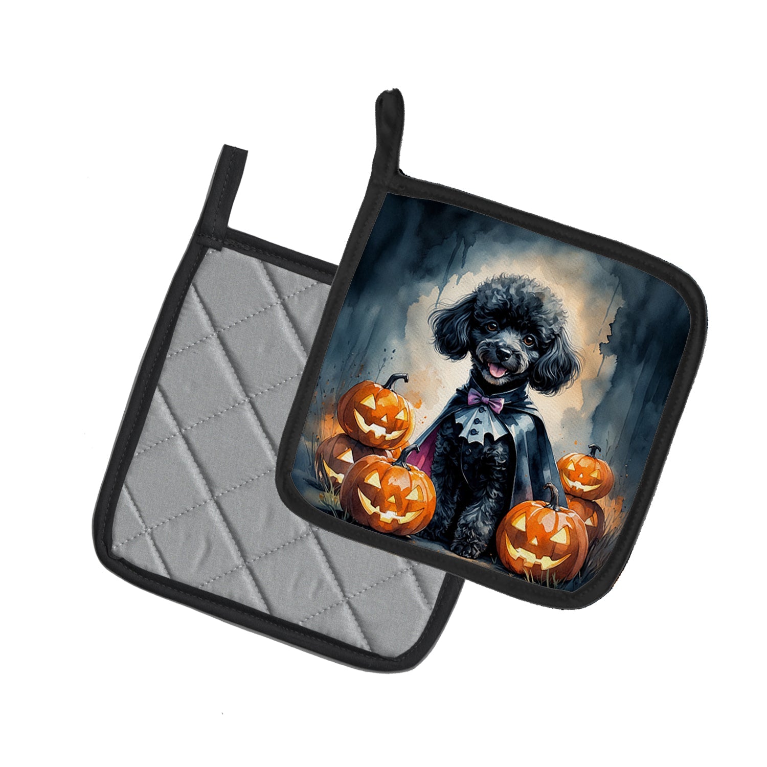 Black Poodle Puppy Halloween Pot Holder Set of 2 Heat Resistant Quilted Hot Pads 7.5 x 7.5 Inch, Insulated Kitchen Trivets for Cooking & Baking