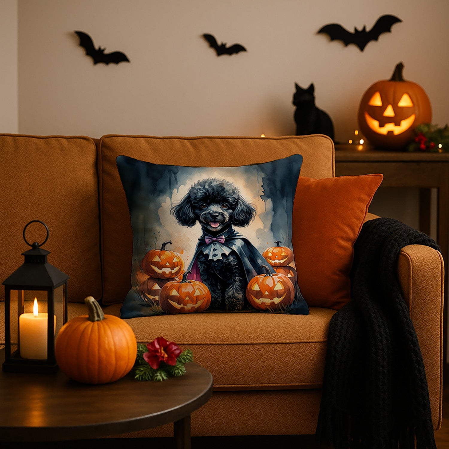 Black Poodle Puppy Halloween Decorative Throw Pillow 18x18 Indoor Outdoor Accent Cushion, Fabric Cover with Insert for Sofa, Bed, Porch & Living Room