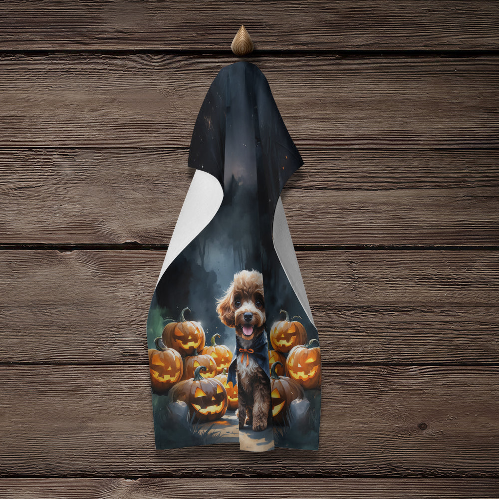 Chocolate Poodle Puppy Halloween Kitchen Towel Velour Plush Front and Cotton Loop Back Machine Washable