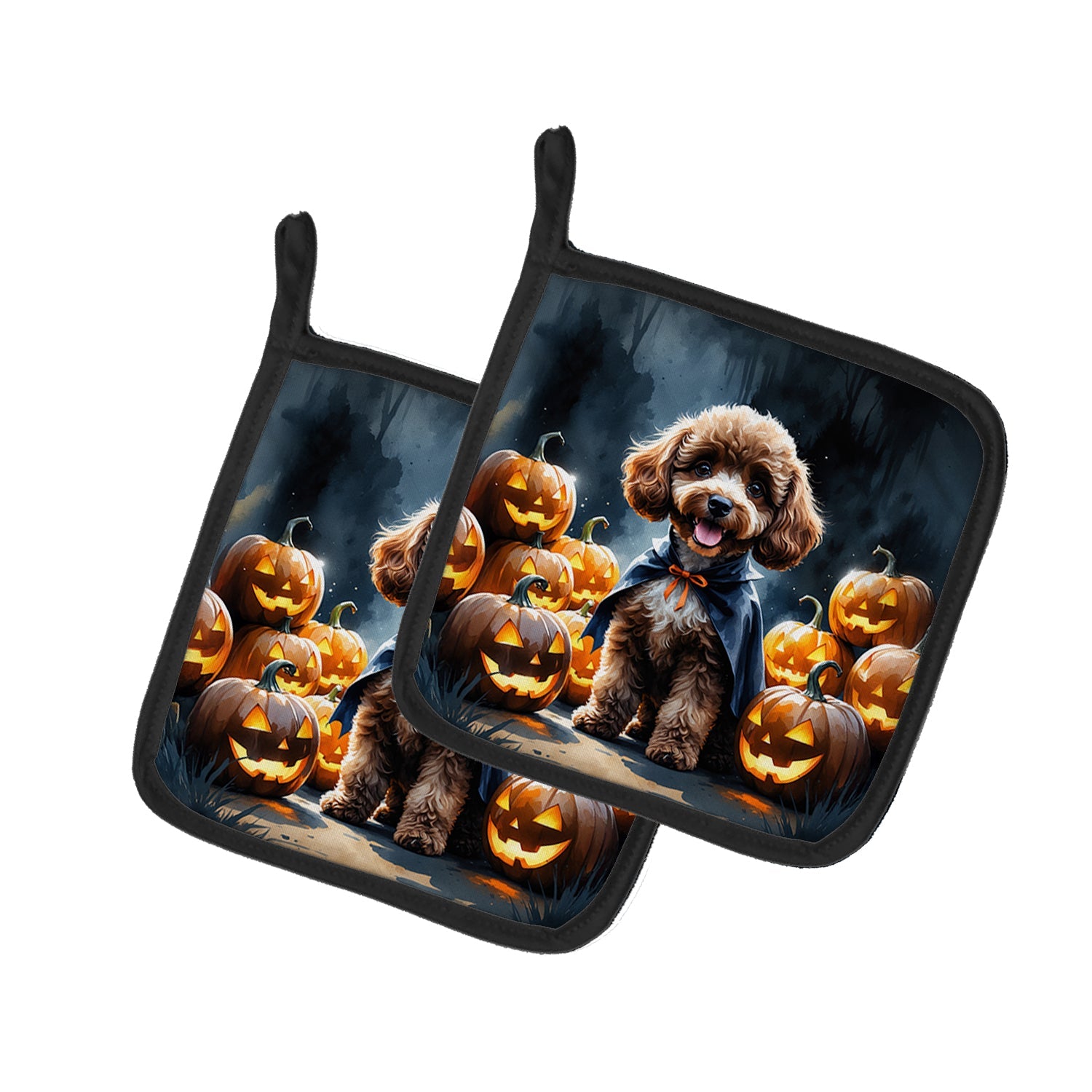 Chocolate Poodle Puppy Halloween Pot Holder Set of 2 Heat Resistant Quilted Hot Pads 7.5 x 7.5 Inch, Insulated Kitchen Trivets for Cooking & Baking