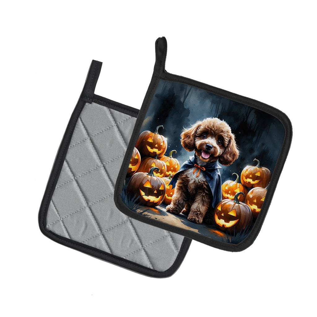 Chocolate Poodle Puppy Halloween Pot Holder Set of 2 Heat Resistant Quilted Hot Pads 7.5 x 7.5 Inch, Insulated Kitchen Trivets for Cooking & Baking