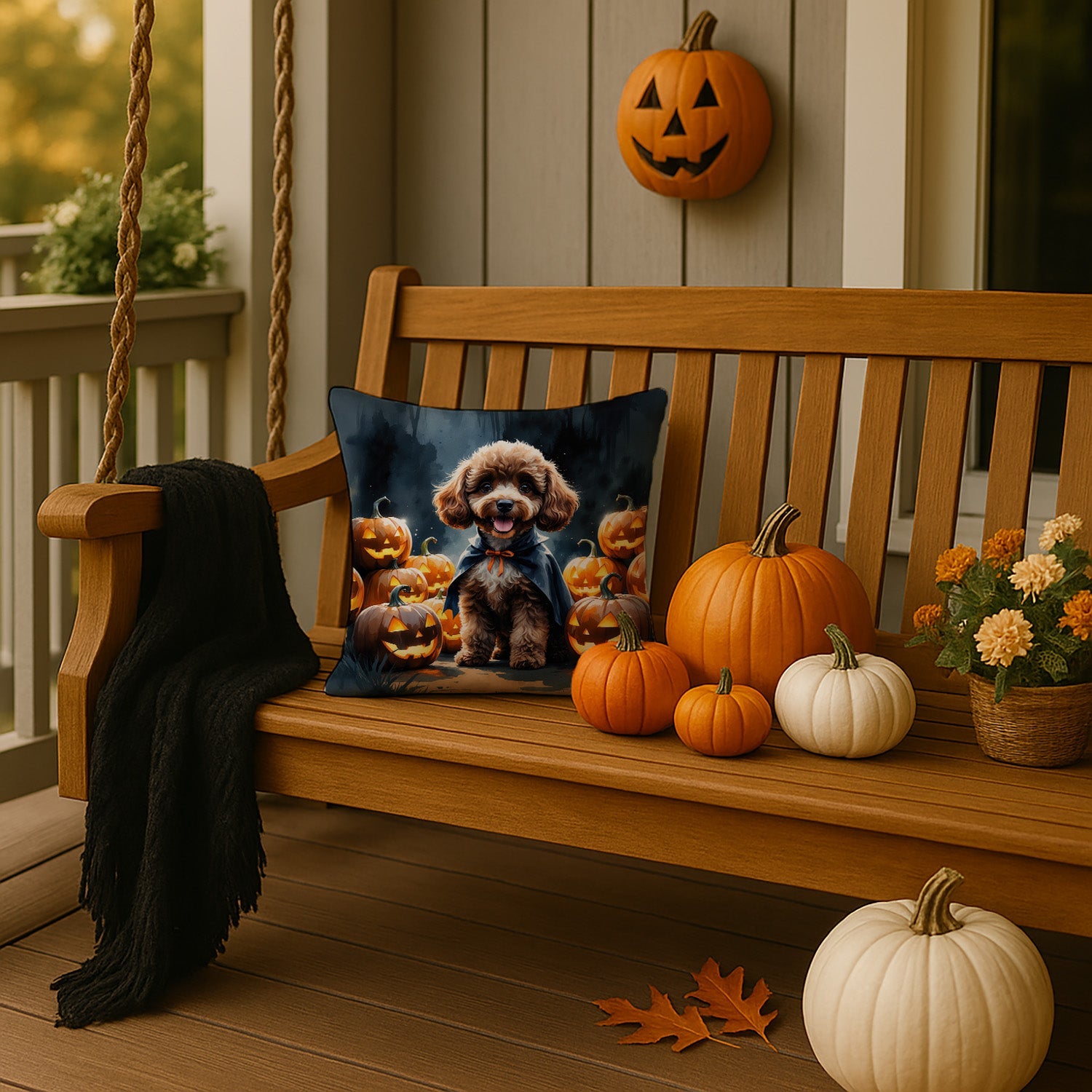 Chocolate Poodle Puppy Halloween Decorative Throw Pillow 14x14 Indoor Outdoor Accent Cushion, Fabric Cover with Insert for Sofa, Bed, Porch & Living Room