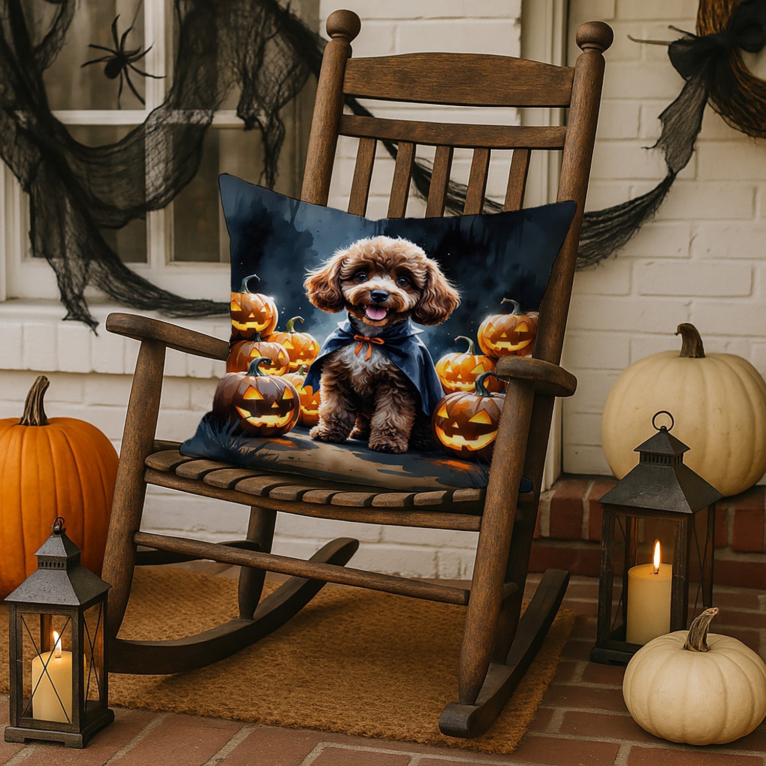 Chocolate Poodle Puppy Halloween Decorative Throw Pillow 18x18 Indoor Outdoor Accent Cushion, Fabric Cover with Insert for Sofa, Bed, Porch & Living Room