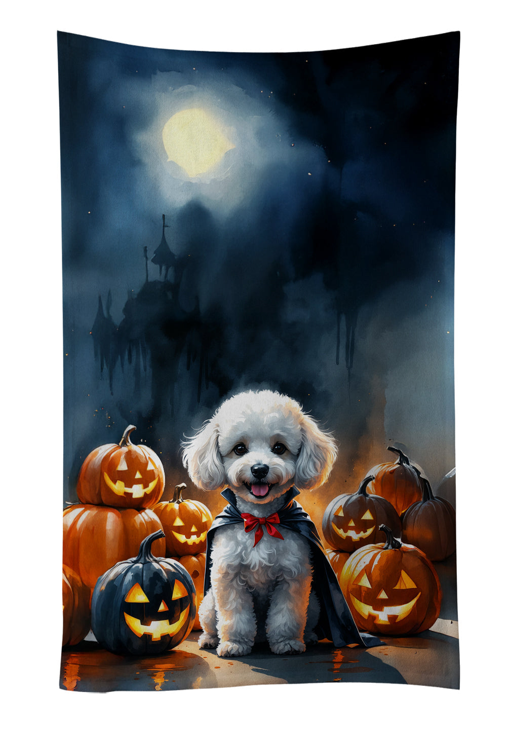 White Poodle Puppy Halloween Kitchen Towel Velour Plush Front and Cotton Loop Back Machine Washable