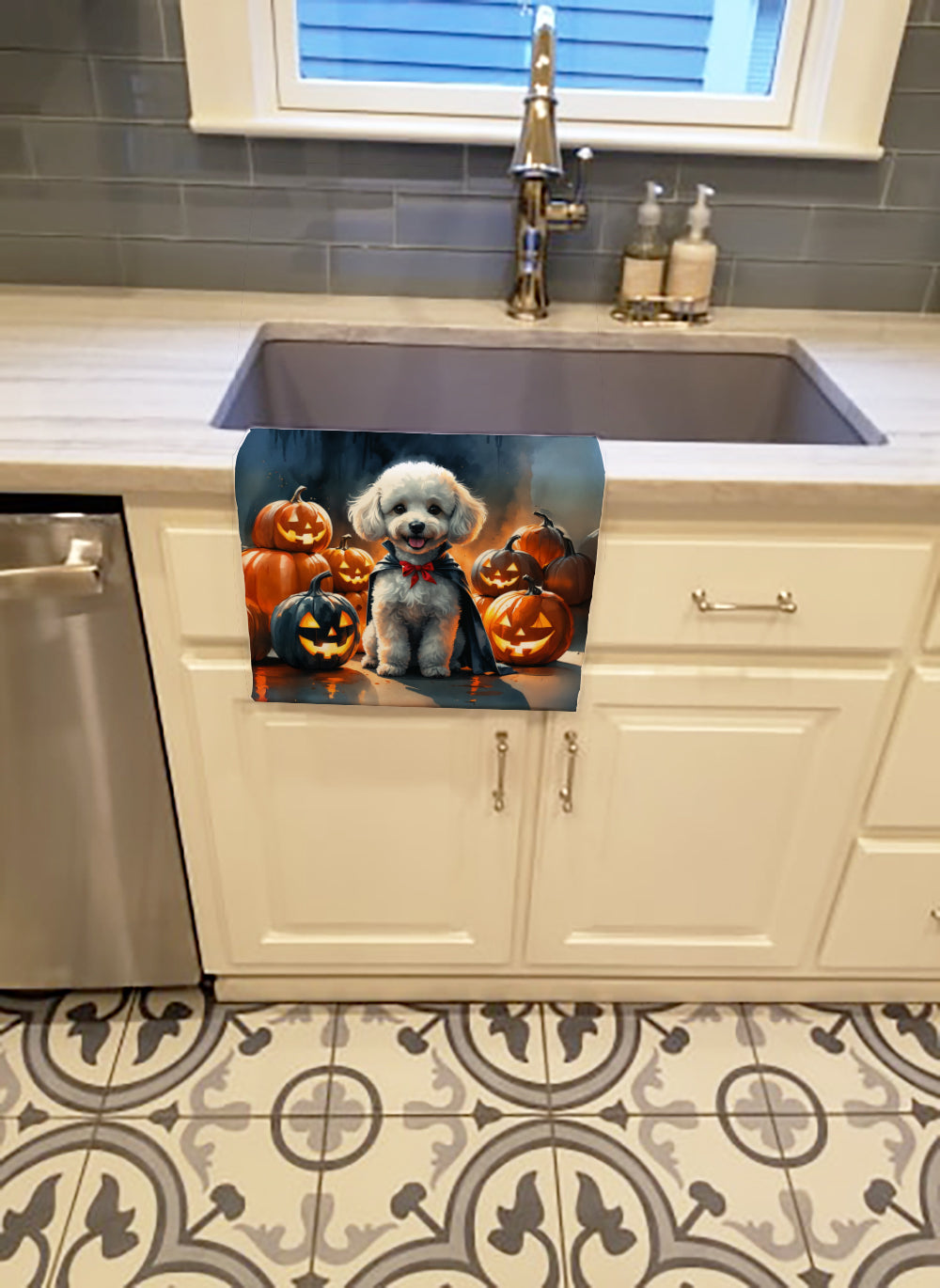 White Poodle Puppy Halloween Kitchen Towel Velour Plush Front and Cotton Loop Back Machine Washable