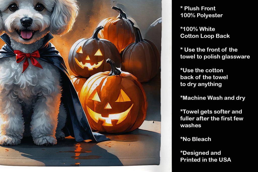 White Poodle Puppy Halloween Kitchen Towel Velour Plush Front and Cotton Loop Back Machine Washable