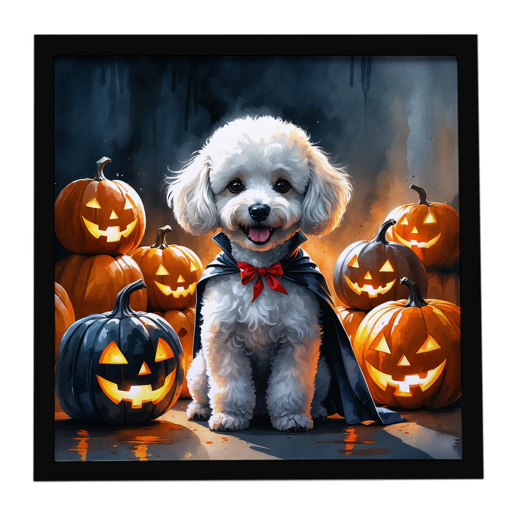 White Poodle Puppy Halloween Framed Metal Print Bathroom, Kitchen, Office, Home Decor Wall Art Ready to Hang, Square, 8X8