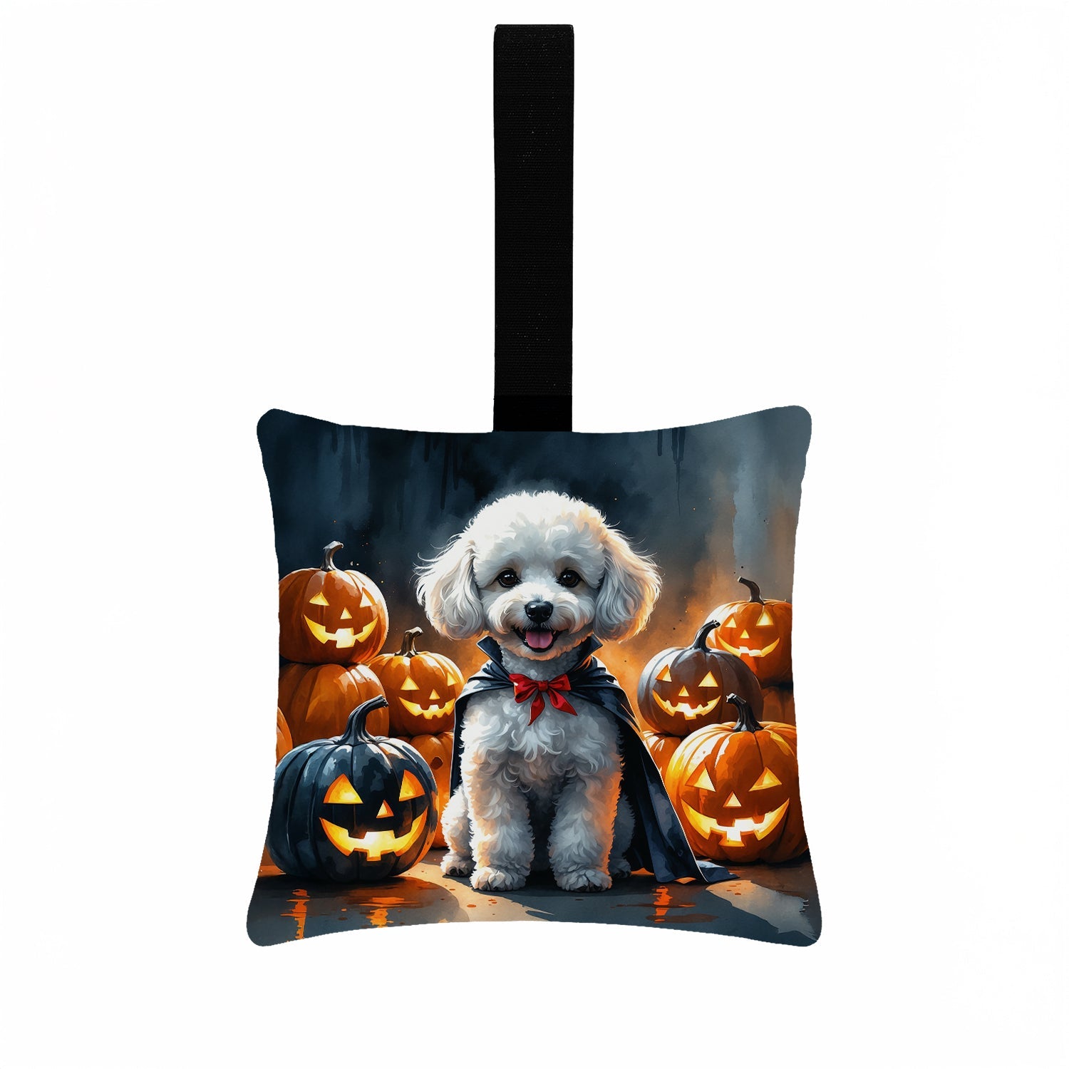 White Poodle Puppy Halloween Hanging Square Fabric Ornament 3.5 × 3.5 Decorative Door-Knob & Tree Hanger, Soft Fabric