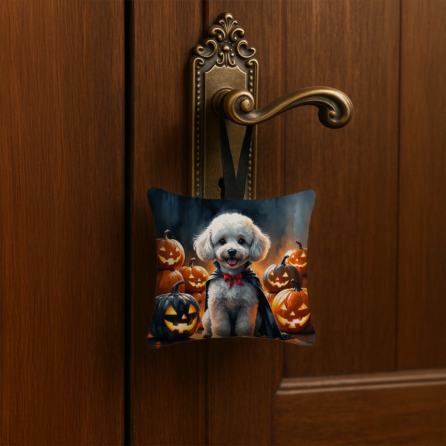 White Poodle Puppy Halloween Hanging Square Fabric Ornament 3.5 × 3.5 Decorative Door-Knob & Tree Hanger, Soft Fabric