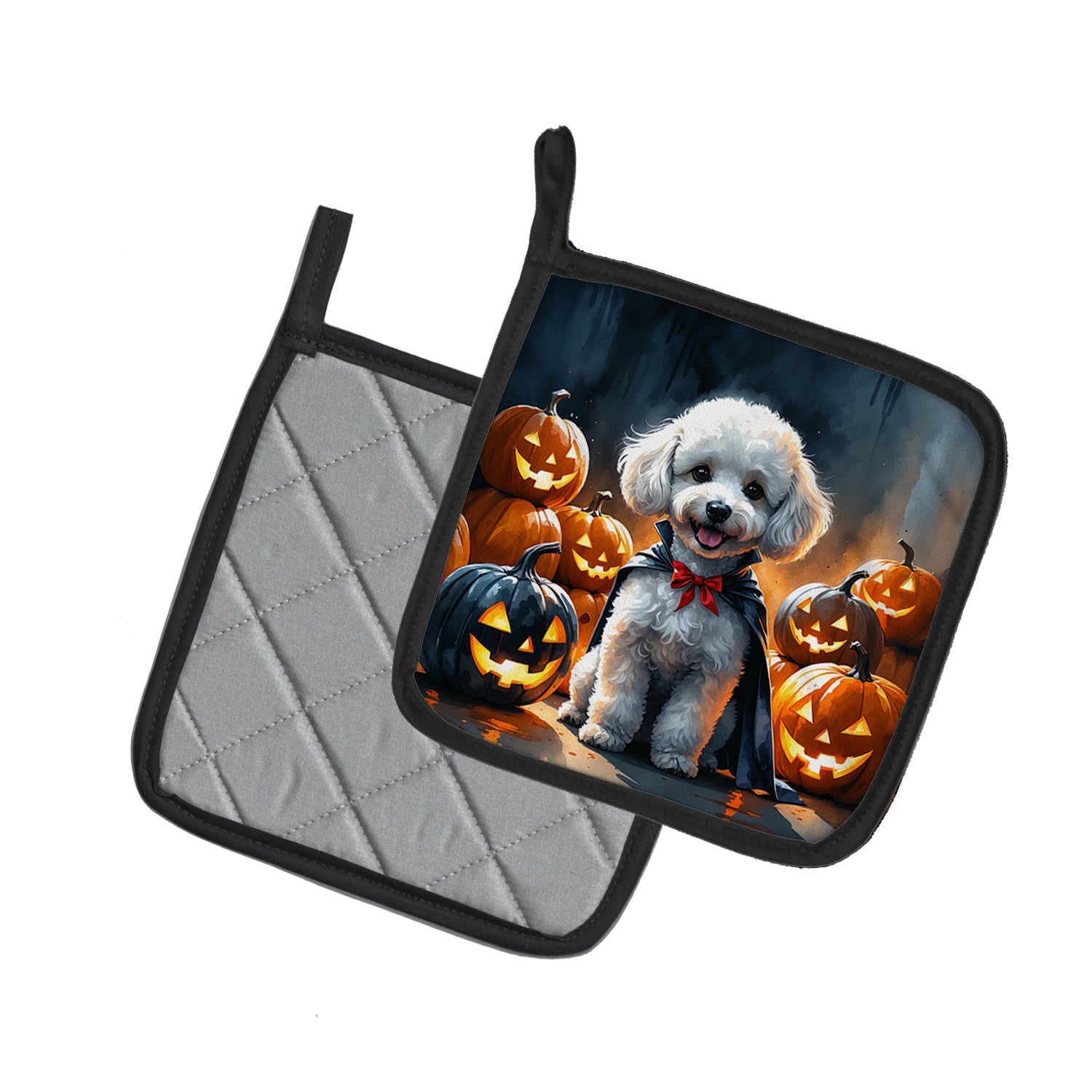 White Poodle Puppy Halloween Pot Holder Set of 2 Heat Resistant Quilted Hot Pads 7.5 x 7.5 Inch, Insulated Kitchen Trivets for Cooking & Baking