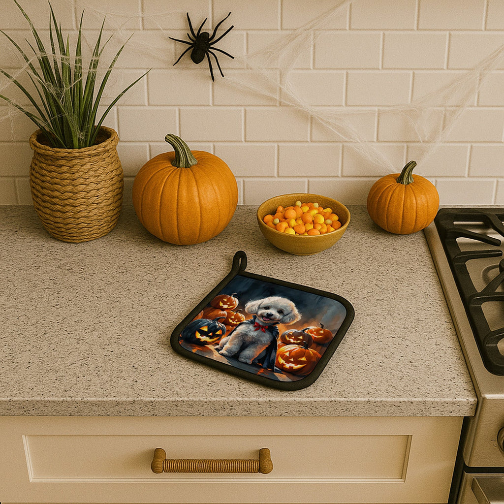 White Poodle Puppy Halloween Pot Holder Set of 2 Heat Resistant Quilted Hot Pads 7.5 x 7.5 Inch, Insulated Kitchen Trivets for Cooking & Baking