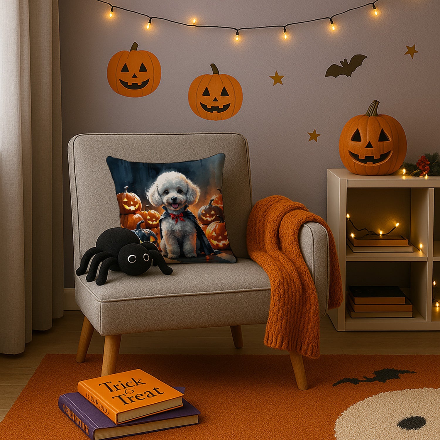 White Poodle Puppy Halloween Decorative Throw Pillow 14x14 Indoor Outdoor Accent Cushion, Fabric Cover with Insert for Sofa, Bed, Porch & Living Room