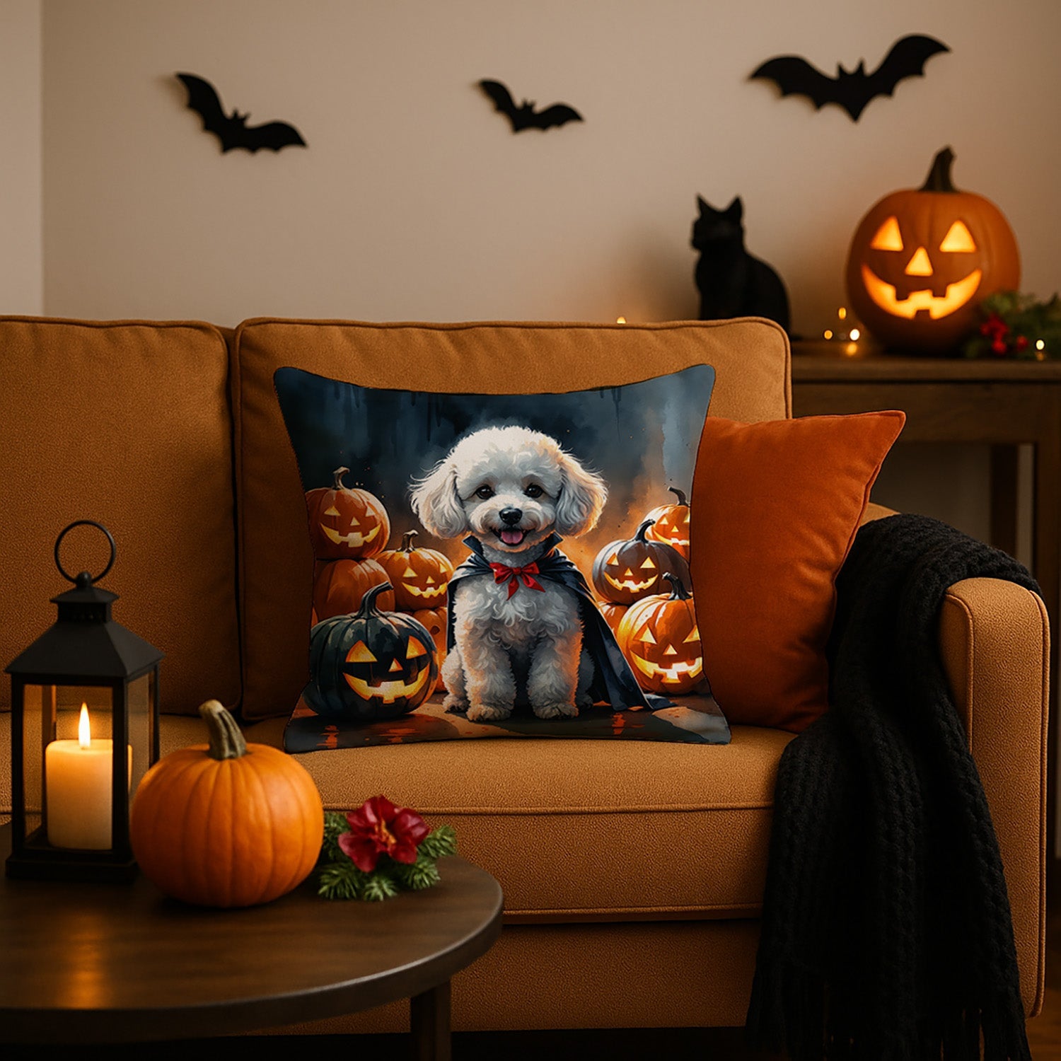 White Poodle Puppy Halloween Decorative Throw Pillow 18x18 Indoor Outdoor Accent Cushion, Fabric Cover with Insert for Sofa, Bed, Porch & Living Room