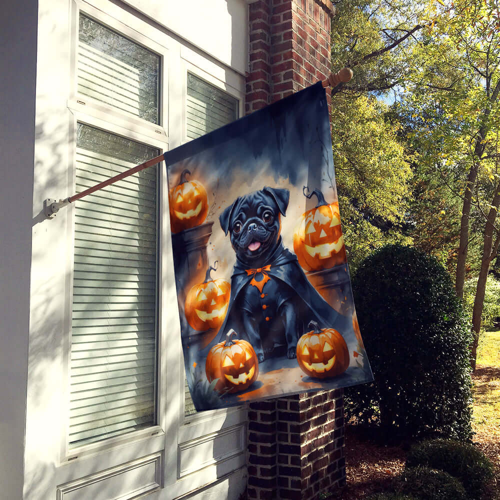 Black Pug Puppy Halloween House Flag 28x40 Porch Sleeve Pole Decorative Outside Yard Banner Artwork Wall Hanging, Polyester