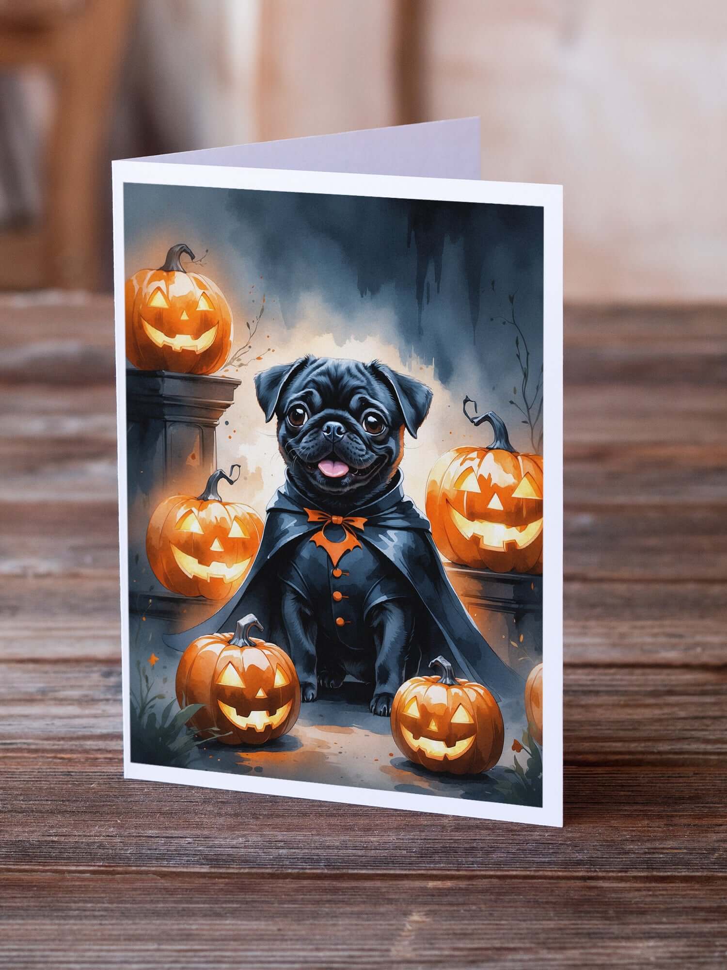 Black Pug Puppy Halloween Greeting Cards Pack of 8 Blank Cards with Envelopes Whimsical A7 Size 5x7