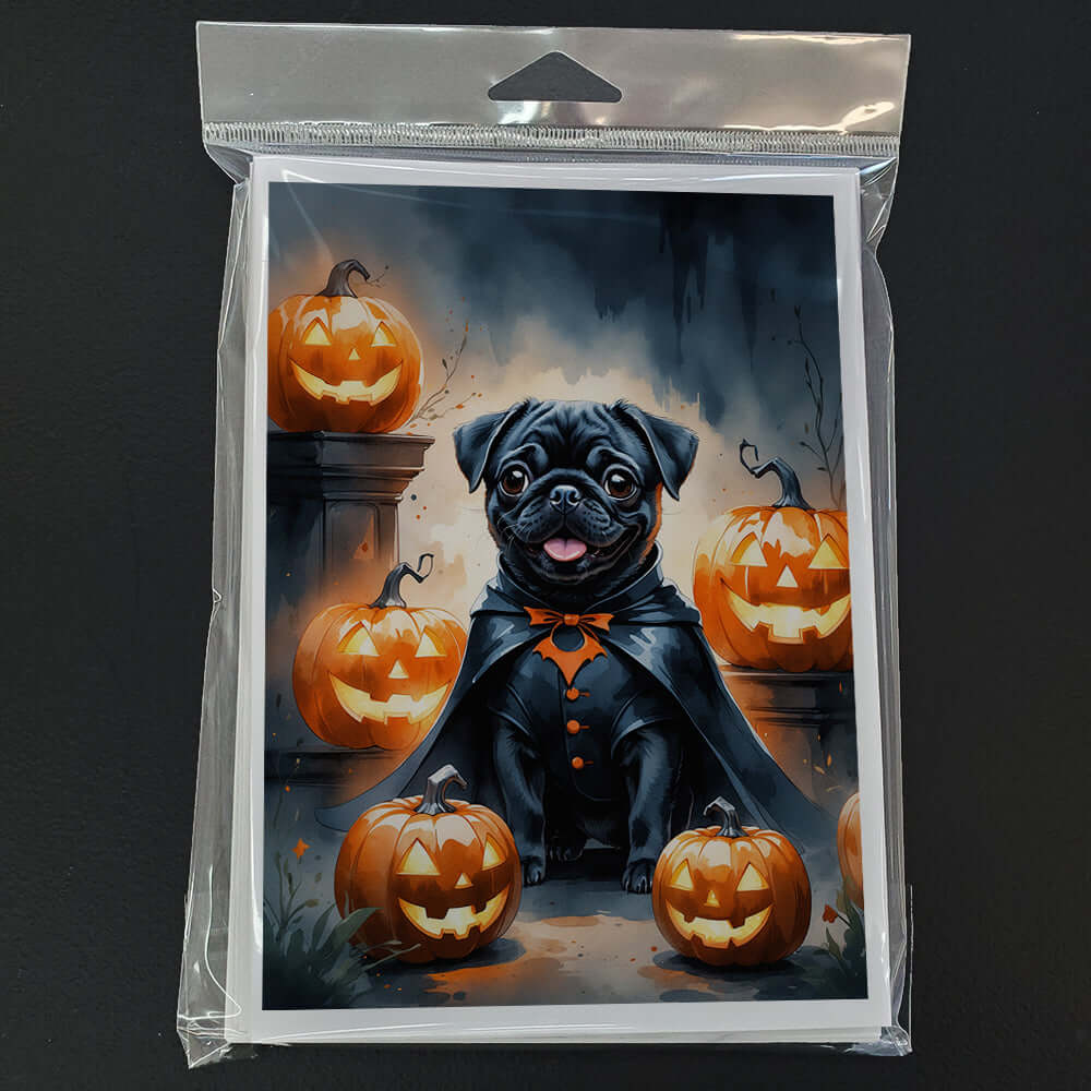 Black Pug Puppy Halloween Greeting Cards Pack of 8 Blank Cards with Envelopes Whimsical A7 Size 5x7