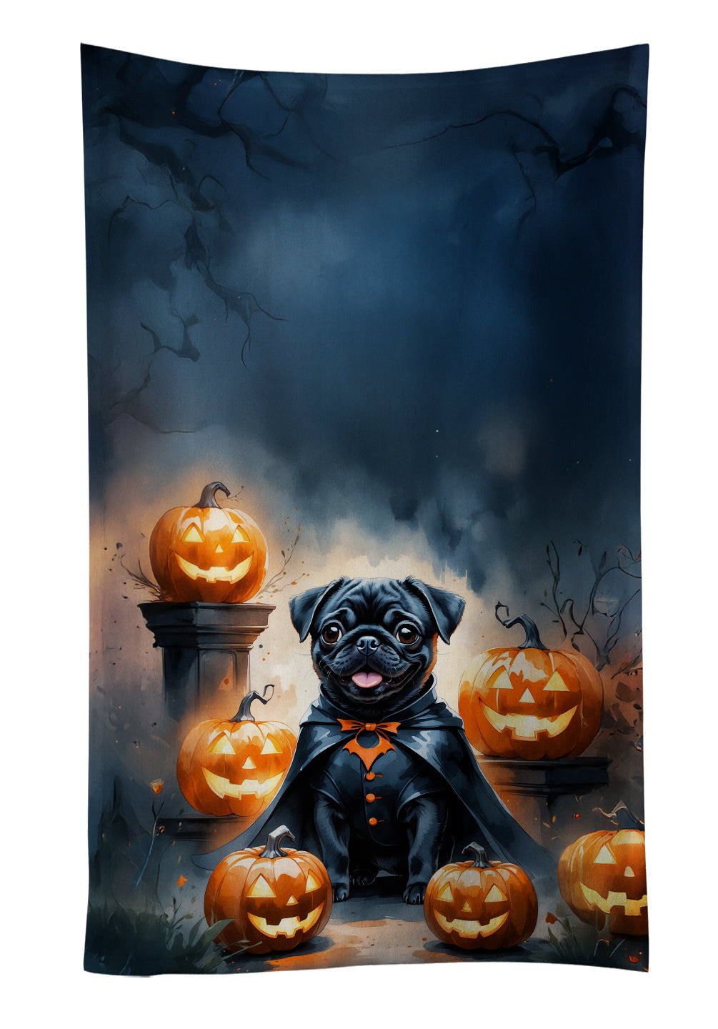 Black Pug Puppy Halloween Kitchen Towel Velour Plush Front and Cotton Loop Back Machine Washable