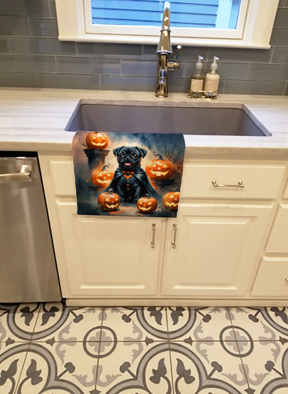 Black Pug Puppy Halloween Kitchen Towel Velour Plush Front and Cotton Loop Back Machine Washable