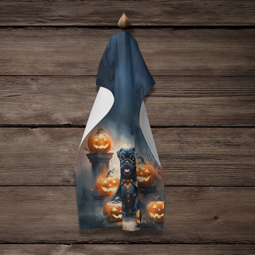 Black Pug Puppy Halloween Kitchen Towel Velour Plush Front and Cotton Loop Back Machine Washable