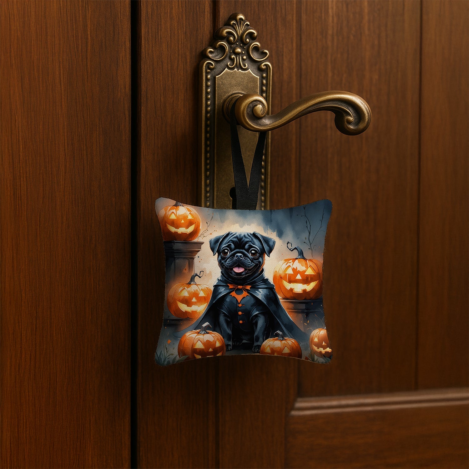 Black Pug Puppy Halloween Hanging Square Fabric Ornament 3.5 × 3.5 Decorative Door-Knob & Tree Hanger, Soft Fabric