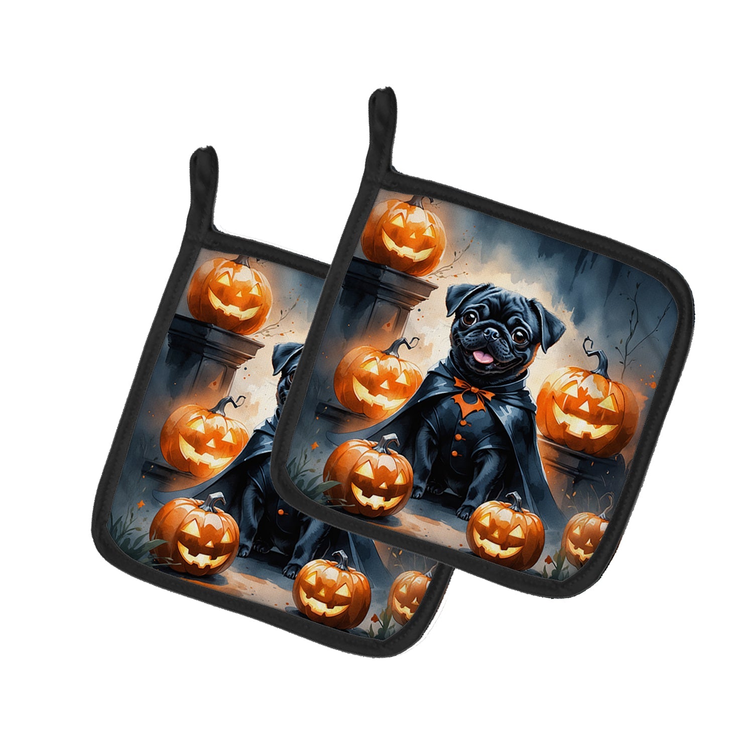 Black Pug Puppy Halloween Pot Holder Set of 2 Heat Resistant Quilted Hot Pads 7.5 x 7.5 Inch, Insulated Kitchen Trivets for Cooking & Baking