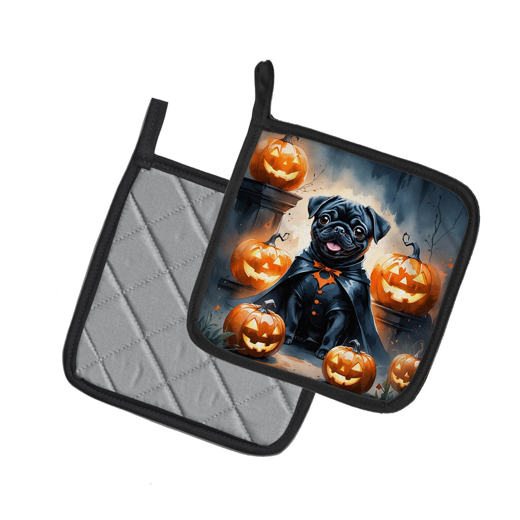 Black Pug Puppy Halloween Pot Holder Set of 2 Heat Resistant Quilted Hot Pads 7.5 x 7.5 Inch, Insulated Kitchen Trivets for Cooking & Baking