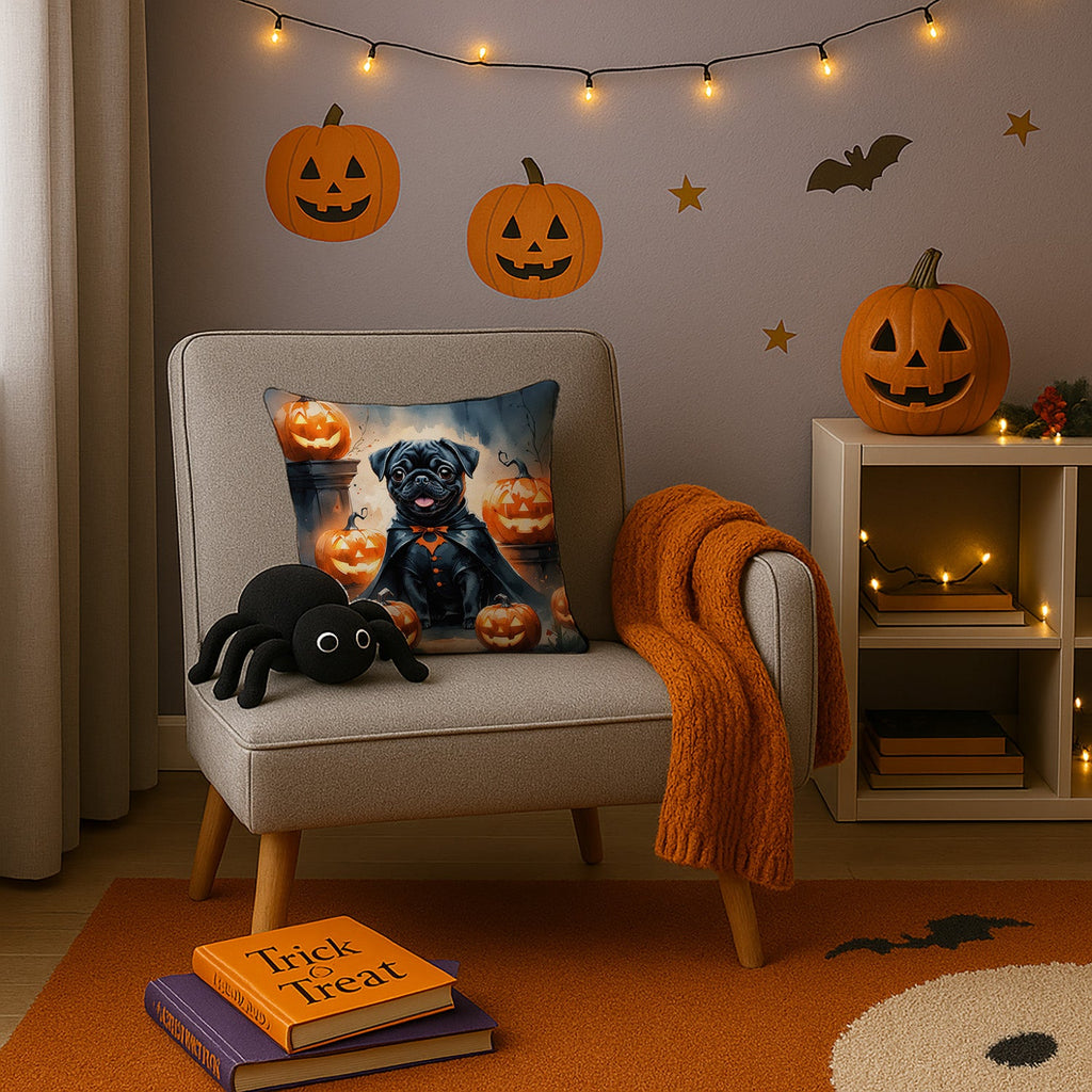 Black Pug Puppy Halloween Decorative Throw Pillow 14x14 Indoor Outdoor Accent Cushion, Fabric Cover with Insert for Sofa, Bed, Porch & Living Room