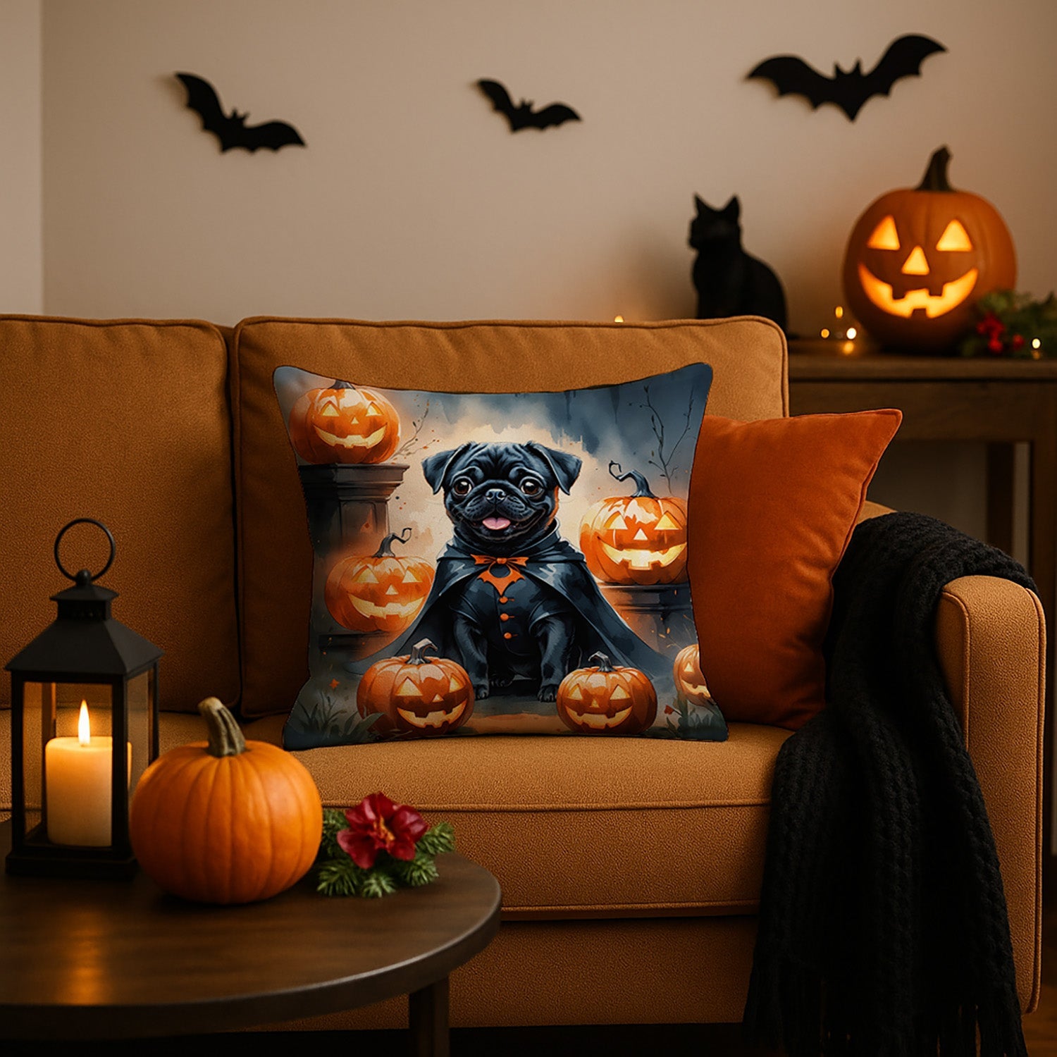 Black Pug Puppy Halloween Decorative Throw Pillow 18x18 Indoor Outdoor Accent Cushion, Fabric Cover with Insert for Sofa, Bed, Porch & Living Room
