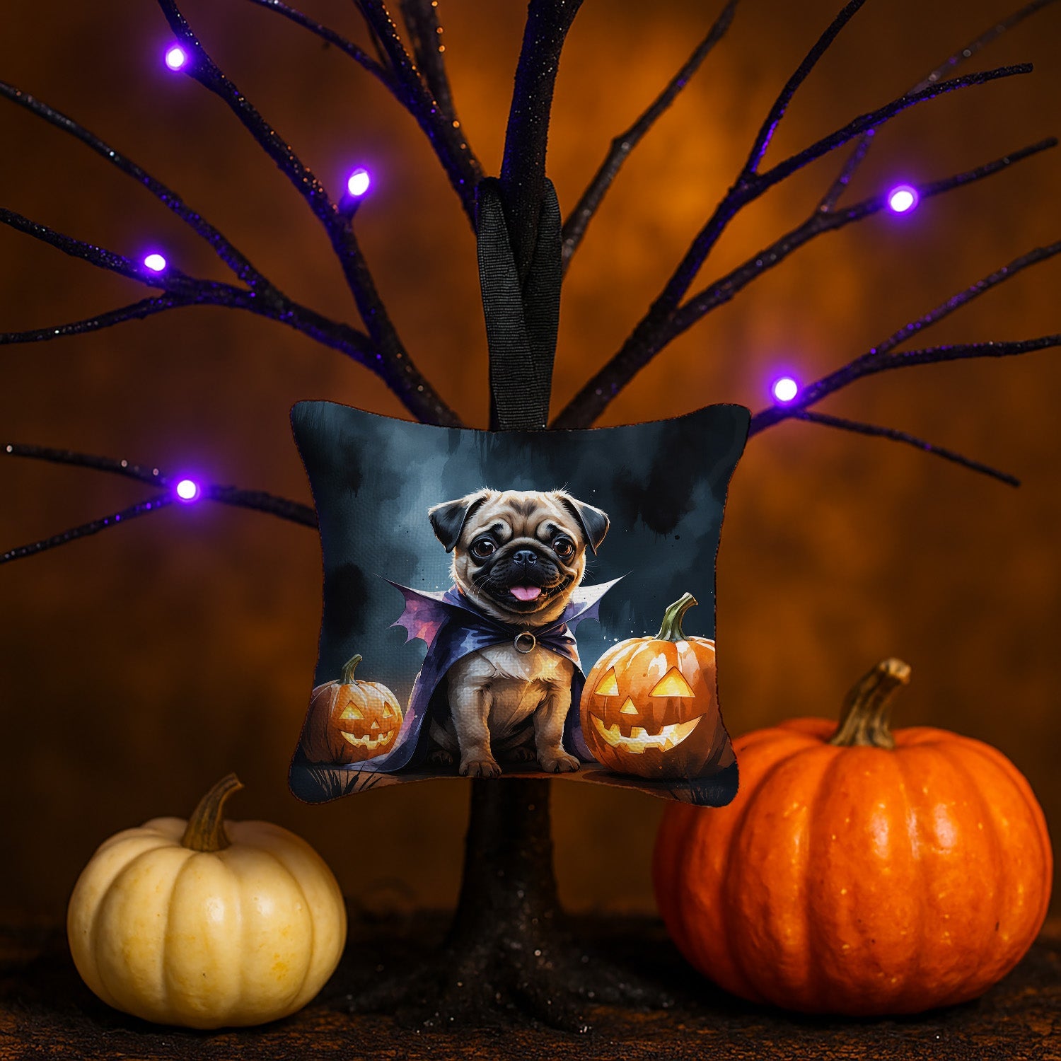 Pug Puppy Halloween Hanging Square Fabric Ornament 3.5 × 3.5 Decorative Door-Knob & Tree Hanger, Soft Fabric