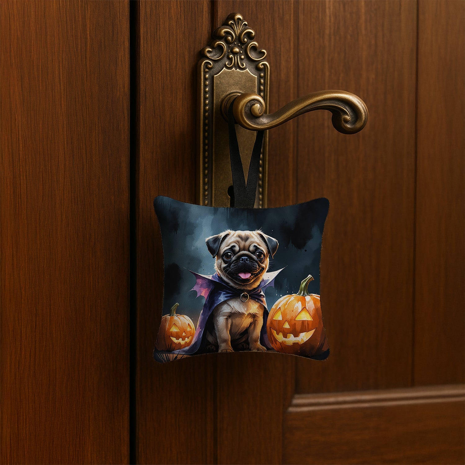 Pug Puppy Halloween Hanging Square Fabric Ornament 3.5 × 3.5 Decorative Door-Knob & Tree Hanger, Soft Fabric