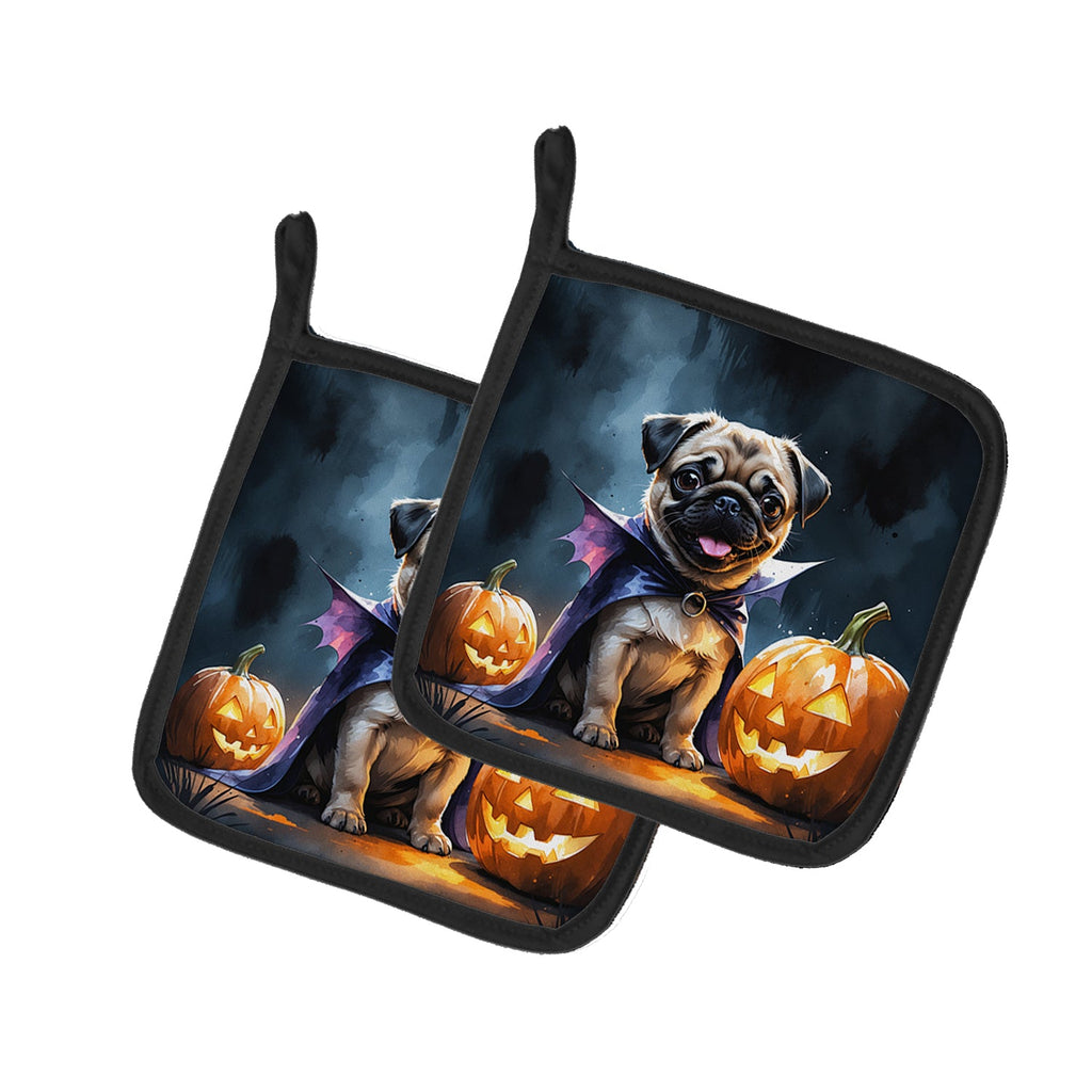 Pug Puppy Halloween Pot Holder Set of 2 Heat Resistant Quilted Hot Pads 7.5 x 7.5 Inch, Insulated Kitchen Trivets for Cooking & Baking