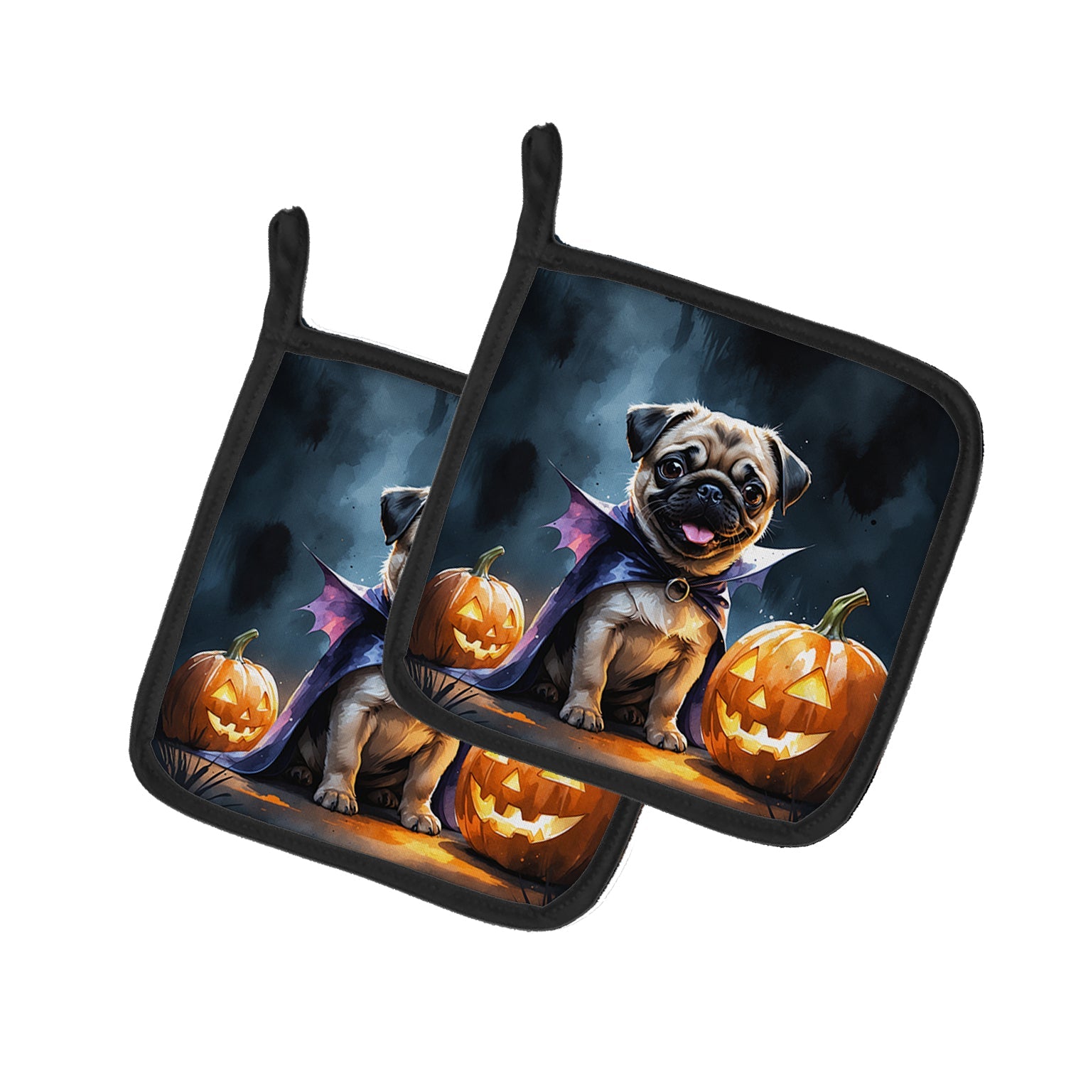 Pug Puppy Halloween Pot Holder Set of 2 Heat Resistant Quilted Hot Pads 7.5 x 7.5 Inch, Insulated Kitchen Trivets for Cooking & Baking