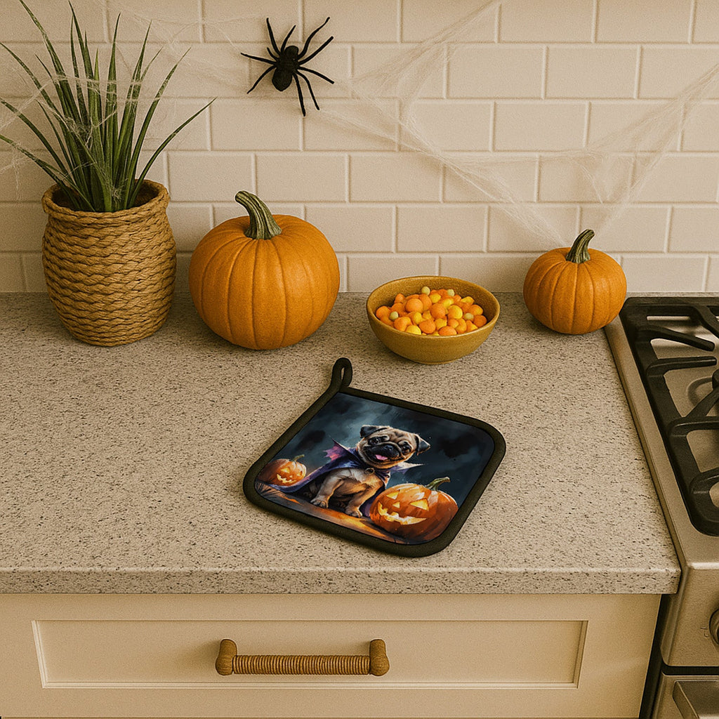 Pug Puppy Halloween Pot Holder Set of 2 Heat Resistant Quilted Hot Pads 7.5 x 7.5 Inch, Insulated Kitchen Trivets for Cooking & Baking