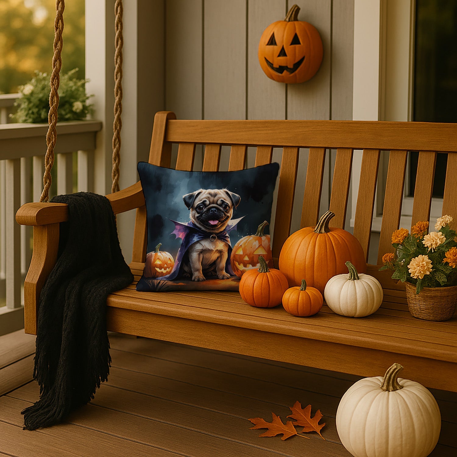 Pug Puppy Halloween Decorative Throw Pillow 14x14 Indoor Outdoor Accent Cushion, Fabric Cover with Insert for Sofa, Bed, Porch & Living Room