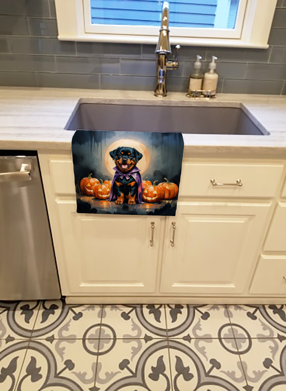 Rottweiler Puppy Halloween Kitchen Towel Velour Plush Front and Cotton Loop Back Machine Washable